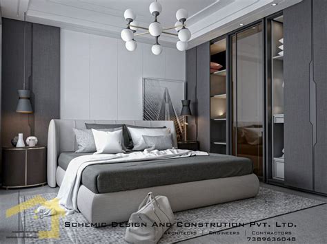 3D Bedroom View with Grey Walls and Large Bed