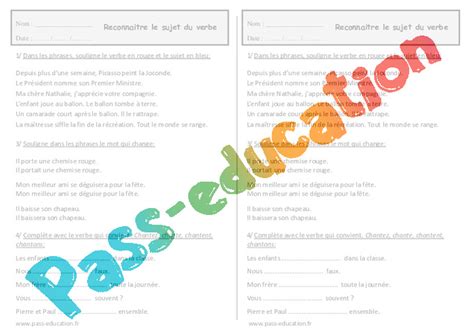 Reconnaître Le Sujet Du Verbe Ce1 Exercices Pdf à Imprimer