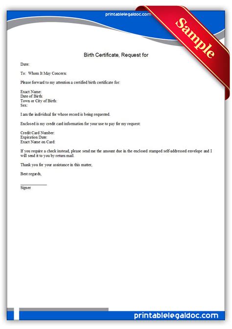 Free Printable Request For Birth Certificate Form Generic