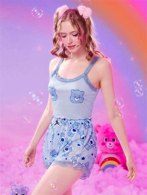 Romwe X Care Bears Cartoon Bear Print Contrast Lace Pj Set For Sale