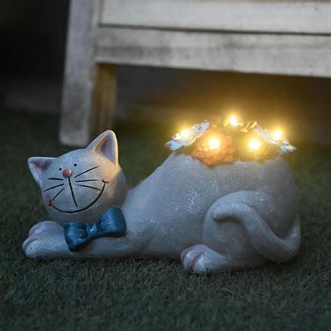 Gardenfans Cat Statue Garden Outdoor Decor With Solar Light