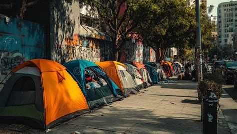 Urban Homelessness Tent Encampment On City Sidewalk Social Issues