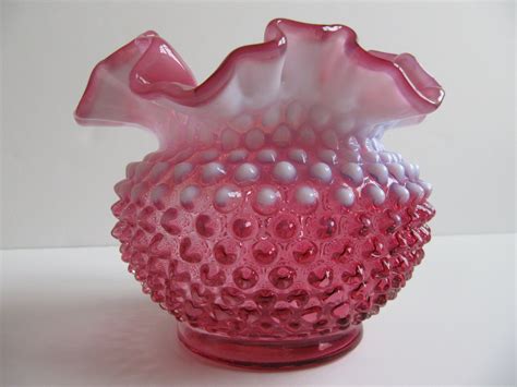 Vintage Pink Fenton Vase Opalescent Cranberry Hobnail Ruffled