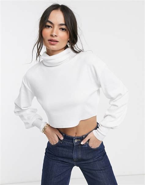 Asos Design Relaxed Crop Top With Slouchy Roll Neck In White Asos