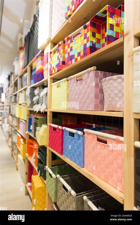 Hardware Store Shelves Filled With Boxes For Linen Closeup Stock Photo