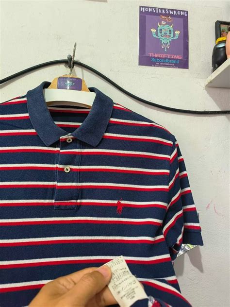 Kaos Polo Ralph Lauren Biru Navy Garis Garis Putih Merah Fesyen Pria