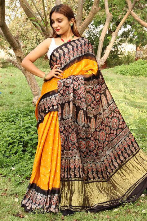 Aakarik Ajrakh Modal Silk Saree Bandhani Modal Silk Saree