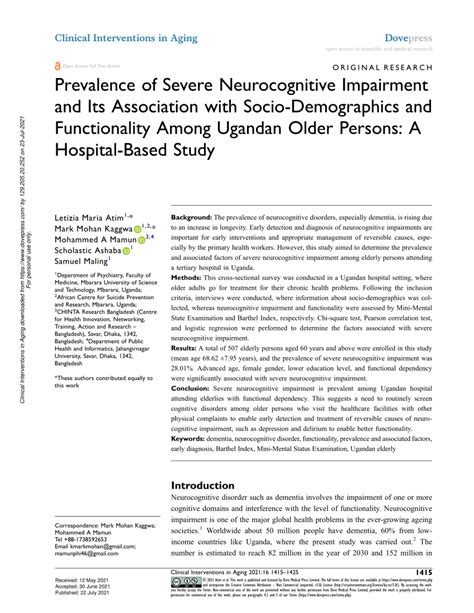 Pdf Prevalence Of Severe Neurocognitive Impairment And Its