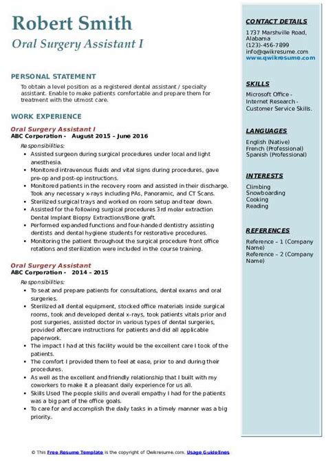 Oral Surgery Assistant Resume Samples Qwikresume