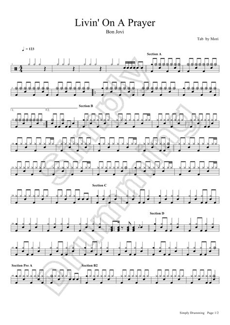 鼓手森 Simply Drumming Bon Jovi Livin On A Prayer Drum Sheet