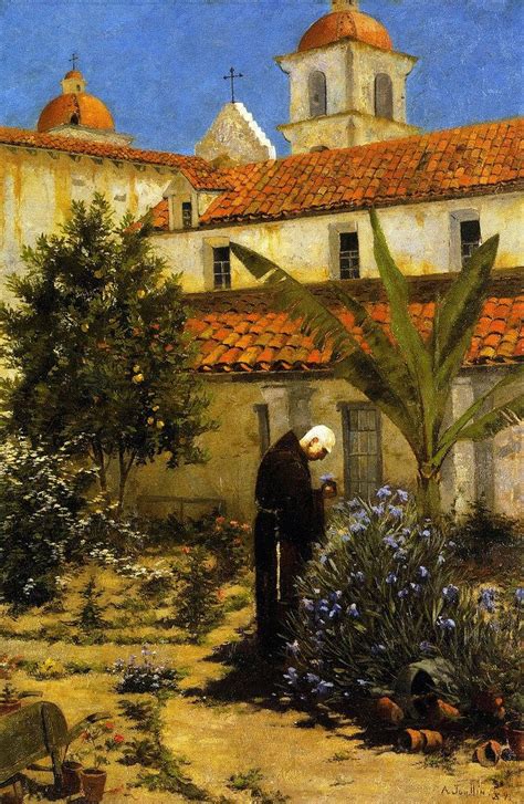 An Old Painting Of A Man Tending To Flowers In Front Of A Building With