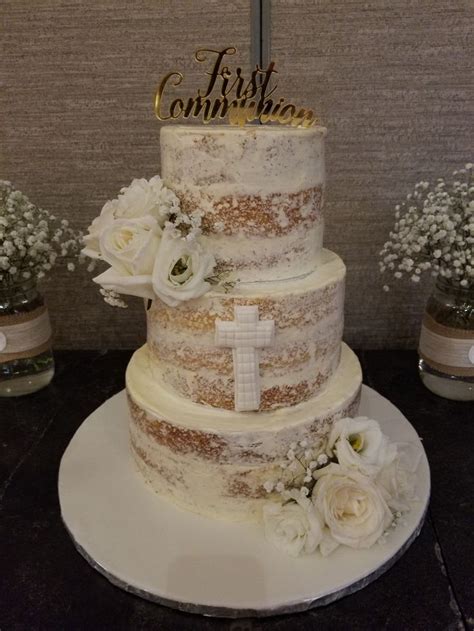 First Communion Naked Cake With White Flowers And Gold Lettering