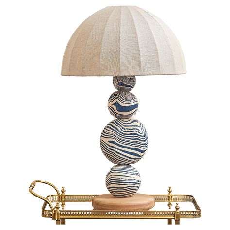 Lampada Da Tavolo A Sfera In Ceramica Blu E Bianca Fatta A Mano Di