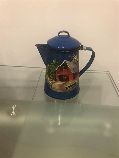 Vintage Blue Enamel Ware Coffee Pot With Farm Painting Sined Etsy