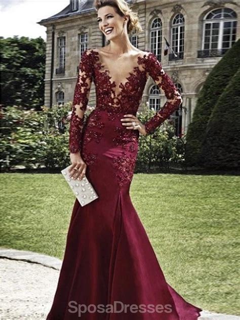 Maroon Long Sleeves Scoop Neck Lace Mermaid Long Evening Prom Dresses