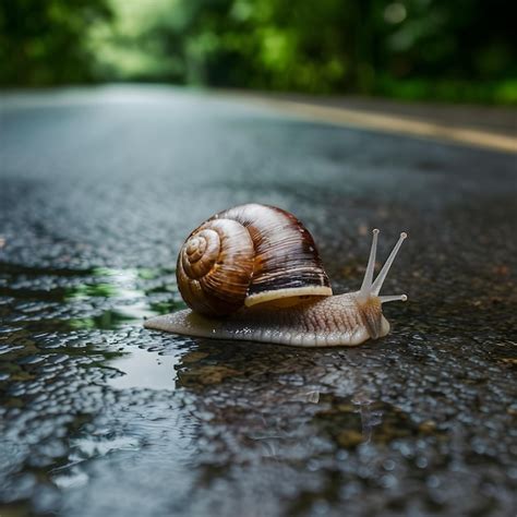 Premium Photo Small Garden Snail Crawling On Wet Road Nature