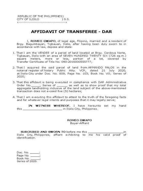 Affidavit Of Transferee Dar Pdf