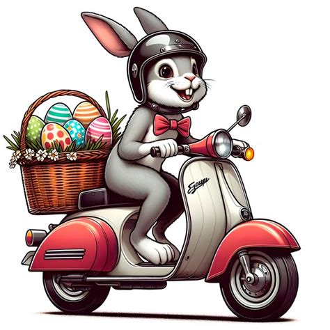 Premium Photo A Gray Rabbit Riding A Scooter With A Basket Of Easter Eggs