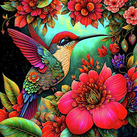 Colorful Hummingbird and Flowers by Peggy Collins