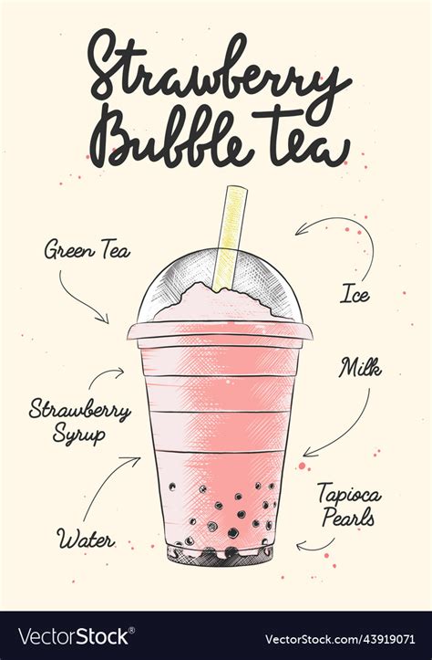 Engraved Style Strawberry Bubble Milk Tea Drink Vector Image