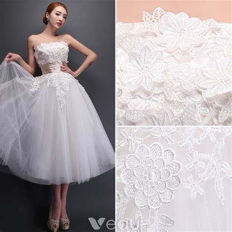 Strapless Applique Lace Flowers Tea Length Short Wedding Dress With