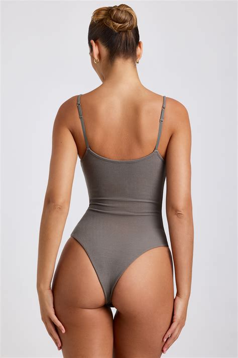 Nadia Ribbed Modal Square Neck Bodysuit In Grey Oh Polly