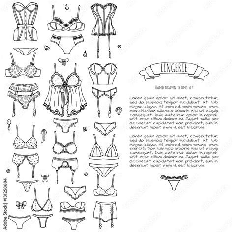 Hand Drawn Doodle Lingerie Icon Set Fashion Feminine Vector Illustration Sexy Lacy Woman