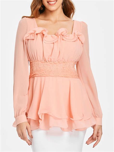 Ruffled Lace Insert Peplum Blouse Light Pink 3a83743812 Size M