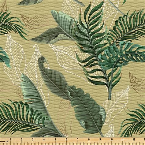 Ambesonne Tropical Fabric By The Yard Line Art Leaves Exotic 2 Yards