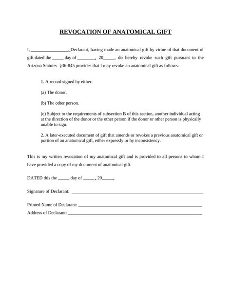 Revocation Of Anatomical Gift Donation Arizona Fill Out Sign