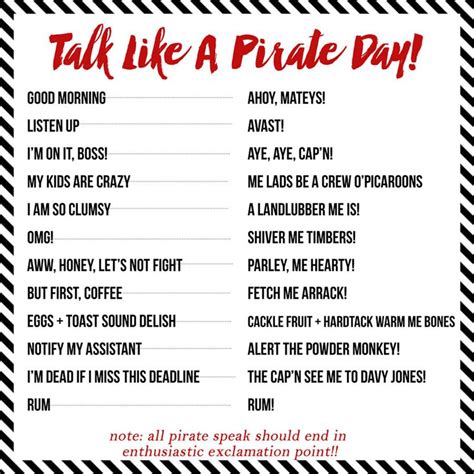 A Poster With The Words Talk Like A Pirate Day Written In Red And Black