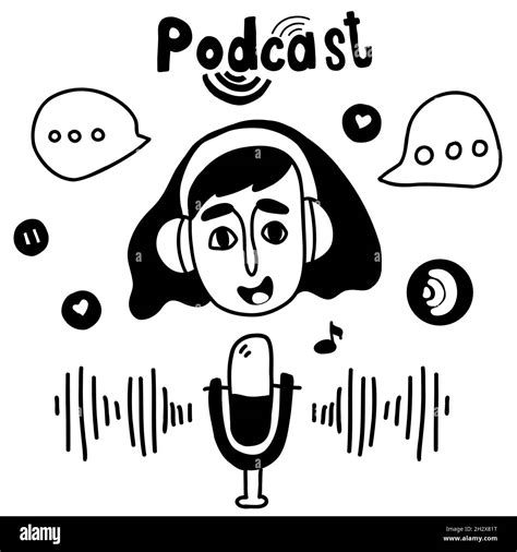 Podcast Concept Girl In Headphones And Badges Podcaster Speaks Into