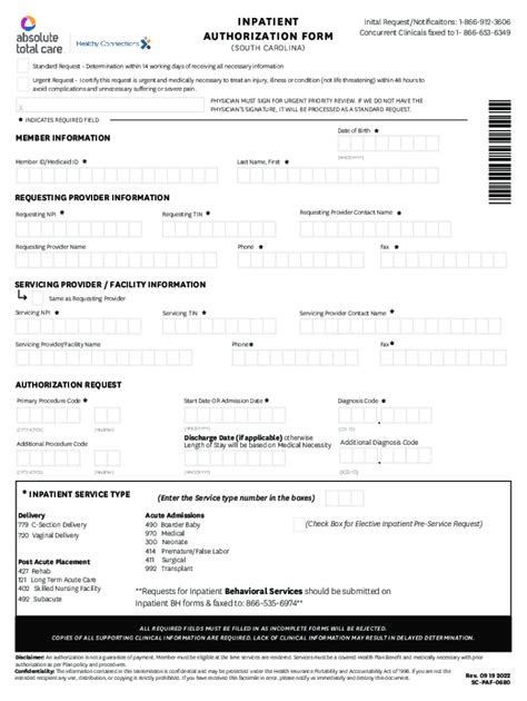 Fillable Online Inpatient Authorization Form Sc Paf Inpatient Pa