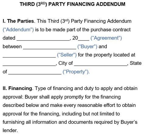 Free Third Party Financing Addendum Templates And Forms Word Excel Tmp