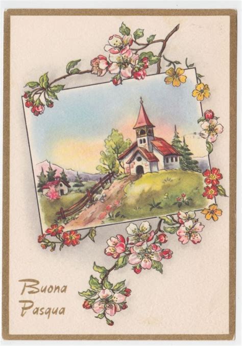 Dettagli Su Cartolina Vintage Di Buona Pasqua Chiesa Di Paese Cornice