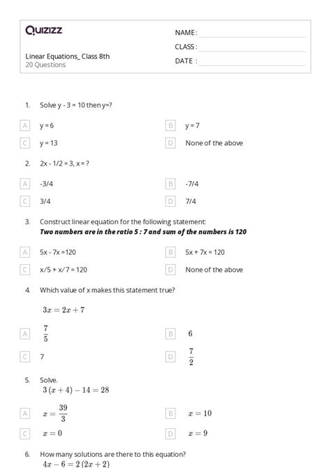 50 Linear Equations Worksheets For 1st Class On Quizizz Free And Printable