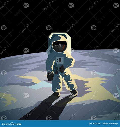 Astronaut On The Moon Surface Flat Geometric Illustration Stock