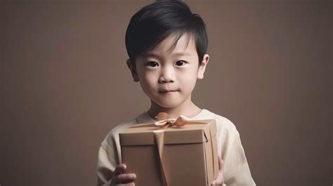 Premium Ai Image Beautiful Little Boy Holding A T Box Portrait