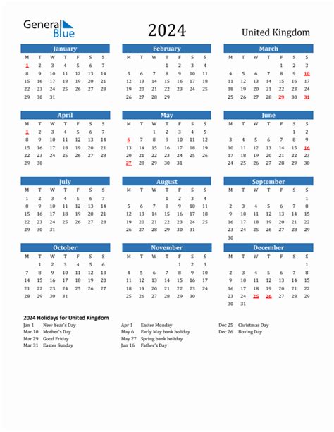 2024 United Kingdom Calendar With Holidays