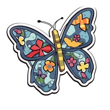 Blue And Flowery Butterfly Sticker On White Background Clipart Vector