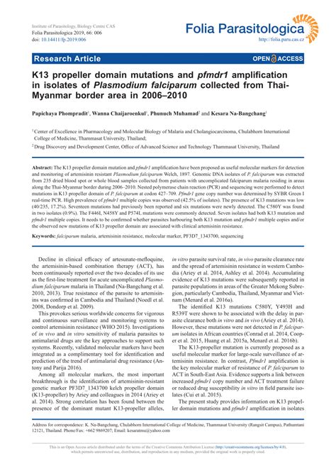 Pdf K Propeller Domain Mutations And Pfmdr Amplification In