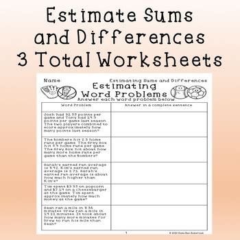 Estimating Decimal Sums And Differences Word Problems Worksheets