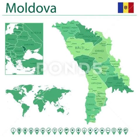 Moldova Detailed Map And Flag Moldova On World Map Illustration