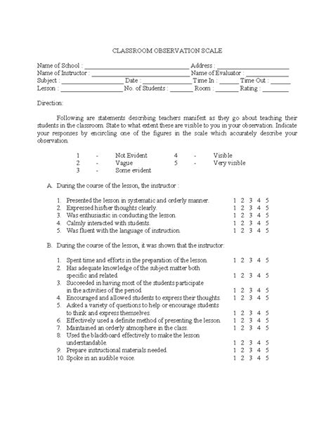 Teaching Evaluation Form Classroom Observation Scale Name Of School