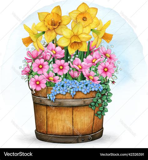 Watercolor Spring Flower Planter Royalty Free Vector Image