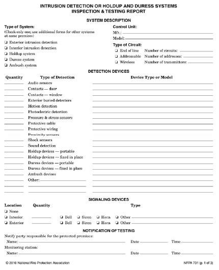 Burglar Alarm Burglar Alarm Inspection Form