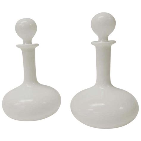 Pair Of Vintage White Milk Glass Wine Decanters With Stoppers At 1stdibs