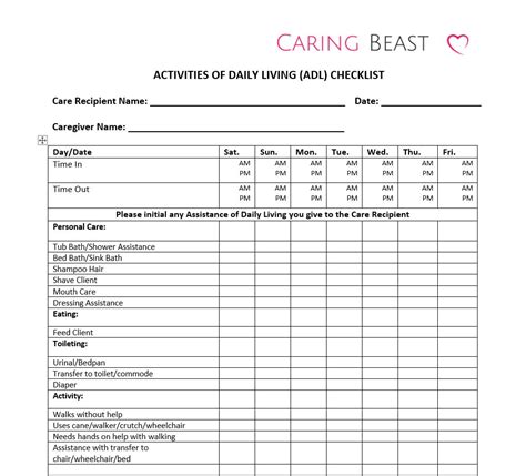 Free Printable Caregiver Daily Checklist Template