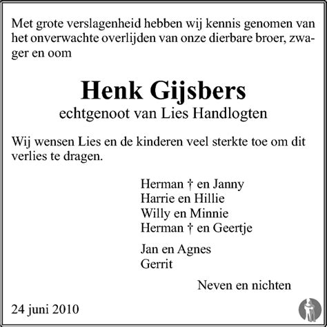 Hendrik Willem Henk Gijsbers Overlijdensbericht En