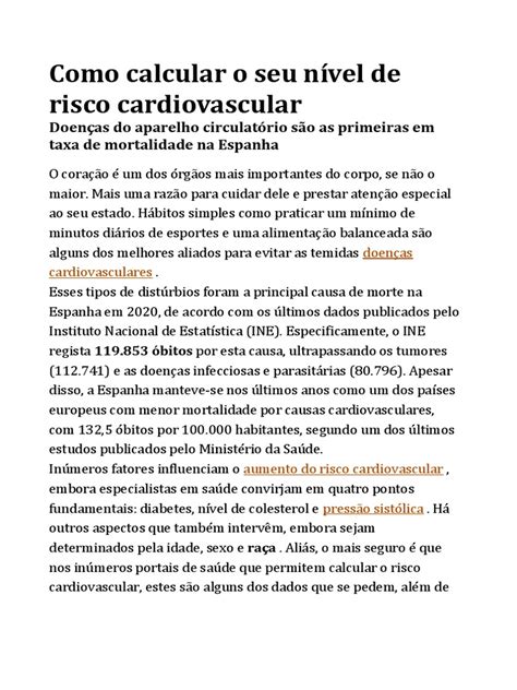 Como Calcular O Seu Nível De Risco Cardiovascular Pdf Doenças